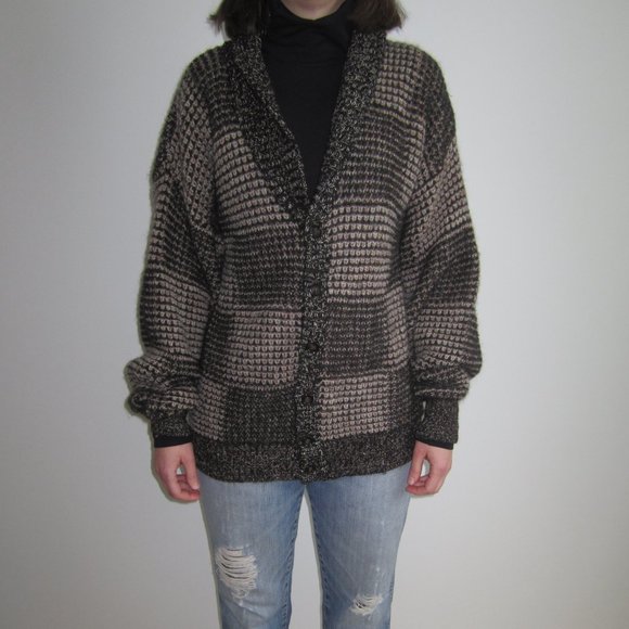 80s Mohair wool-Tan, brown, black cardigan sweater - Picture 3 of 4